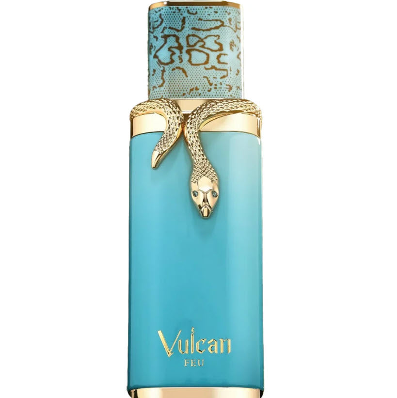 Blue perfume bottle with gold accents and 'Vulcan' branding on a white background