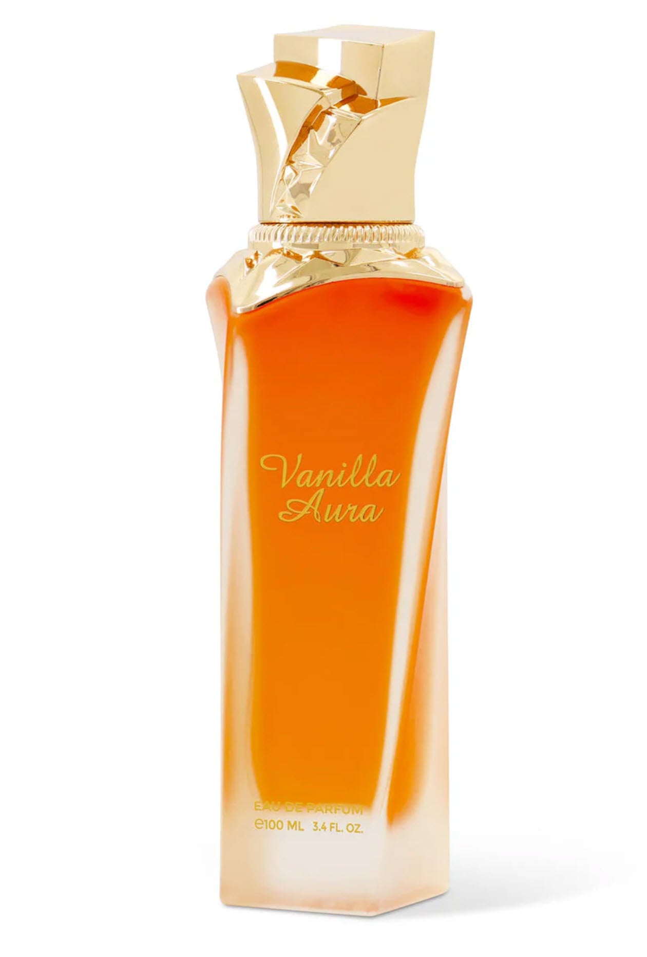 Vanilla Aura perfume bottle with gold cap on a white background