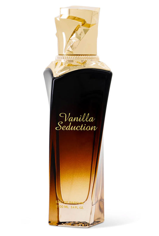Vanilla Seduction perfume bottle with gold cap on a white background