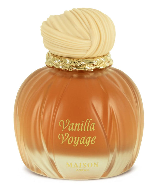 Vanilla Voyage perfume bottle with beige cap on a white background